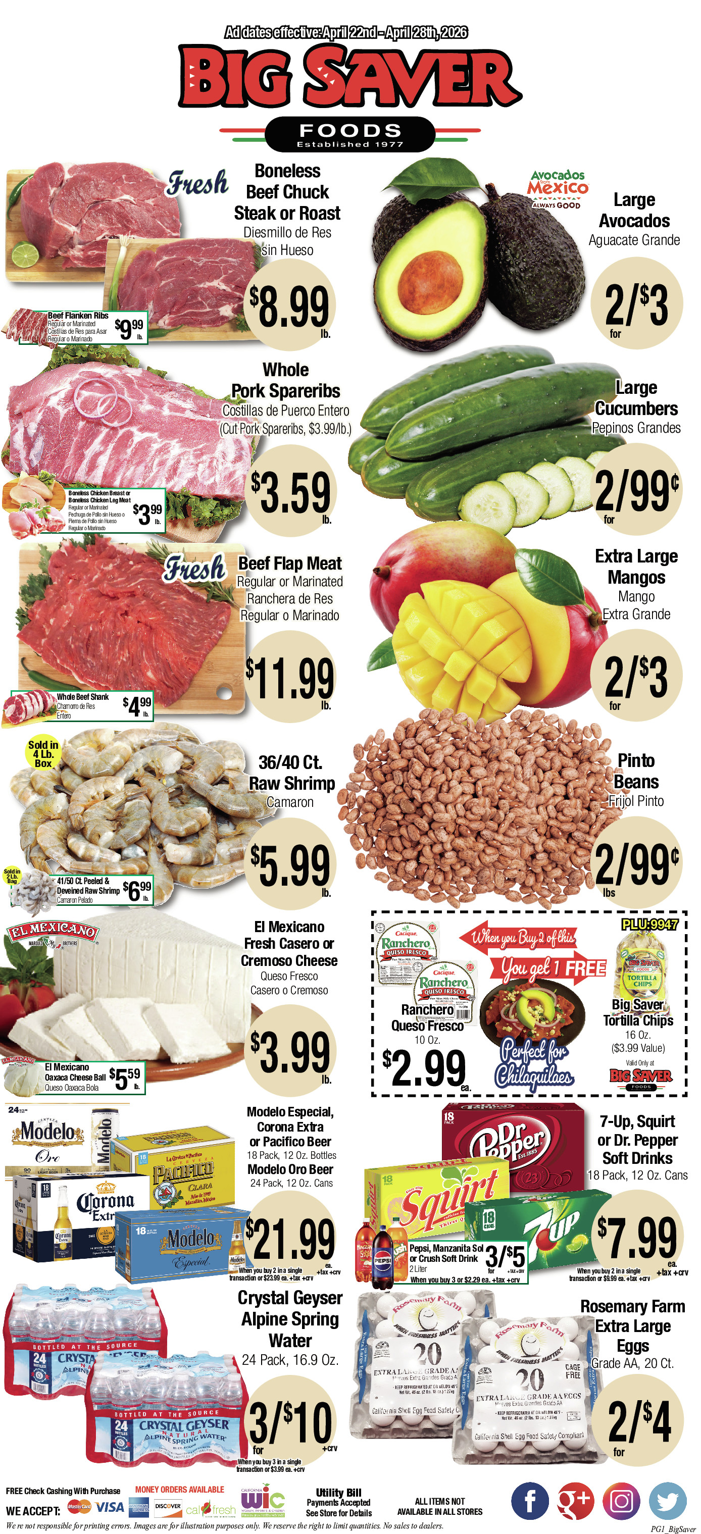 Big Saver Food Weekly AD 1 Page. valid thruogh 04/22/2026 - 04/28/2026