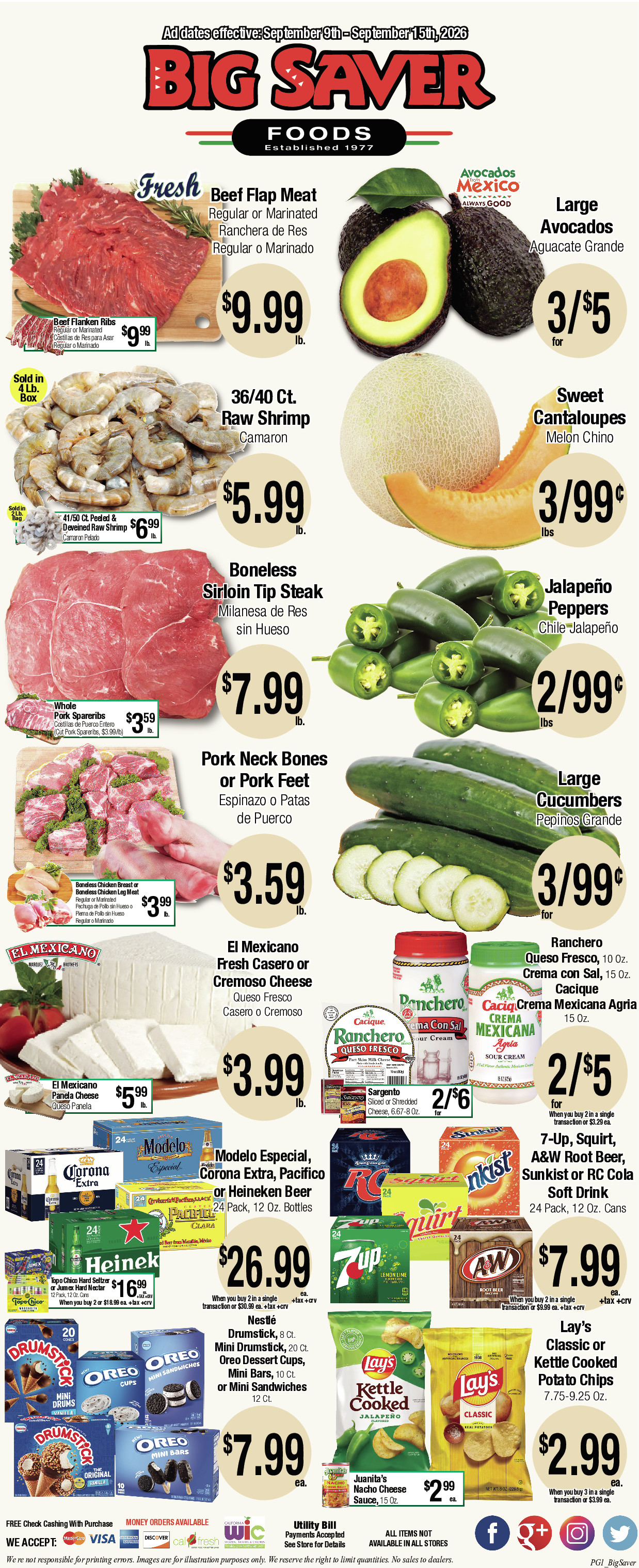 Big Saver Food Weekly AD 1 Page. valid thruogh 09/09/2026 - 09/15/2026
